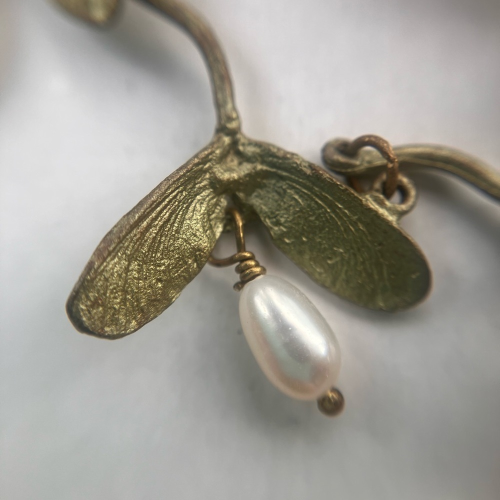 Necklace and earring set “Japanese maple keys” - hand patinated bronze and pearl